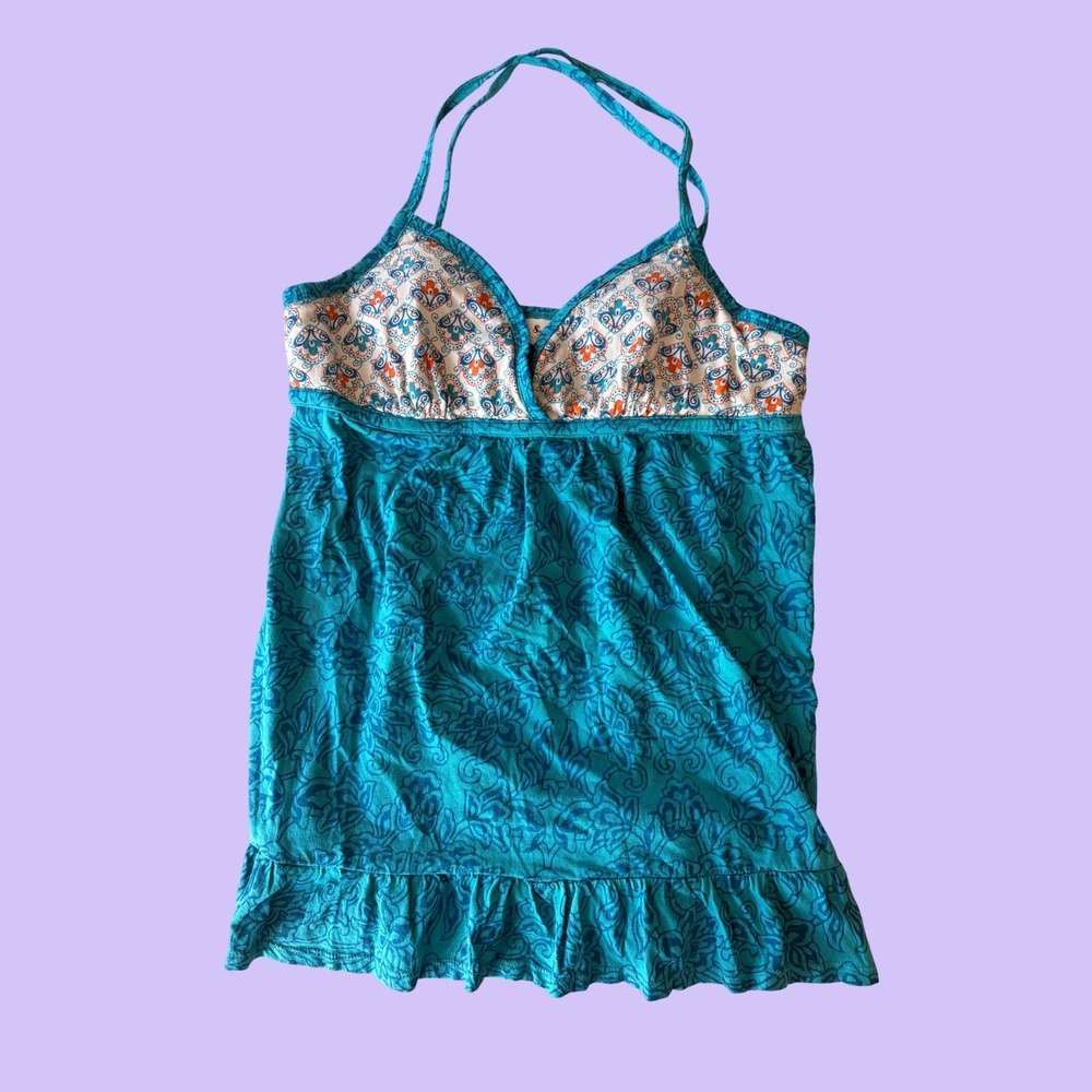 Y2K Self Esteem Turquoise Blue Floral Paisley Ruffle Hem Babydoll Cami Top #18